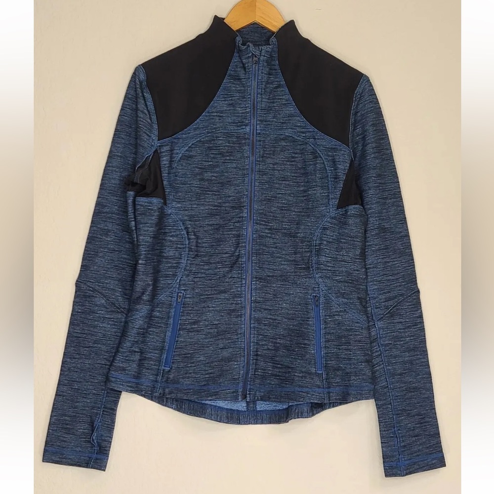 Lululemon Forme Jacket Slub Denim look stretch Limitless Blue Black Sz 12 Womens